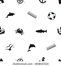 Seamless pattern in marine style. Black silhouettes on a white background.