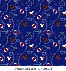 Seamless pattern in marine style with blue backround