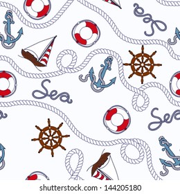 Seamless pattern in marine style with blue backround