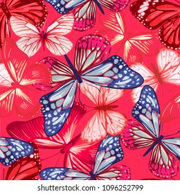 
Seamless pattern in marine style with butterflies of red and blue.