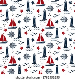 Seamless pattern in marine style. Lighthouse, sea, seagulls, steering wheel, starfish on a white background. Childish illustration in a funny cartoon style. Creative background for wallpaper, fabrics.