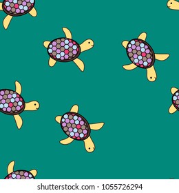 Seamless pattern in a marine style. Multicolored turtle. Children's style...