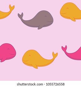 Seamless pattern in a marine style. Multicolored whales. Yellow, pink and brown whales. Pattern for children.