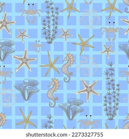 Seamless pattern in marine style. Sea stars on a blue background. Ocean and underwater world. Cool trendy summer pattern.