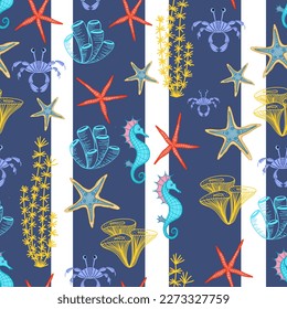 Seamless pattern in marine style. Sea stars on a blue background. Ocean and underwater world. Cool trendy summer pattern.