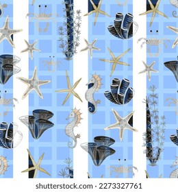 Seamless pattern in marine style. Sea stars on a blue background. Ocean and underwater world. Cool trendy summer pattern.