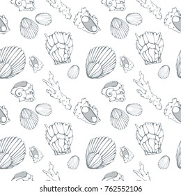 Seamless pattern in the marine style, with seashells  painted in a realistic style. Vector image in light pastel color.