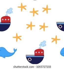 A seamless pattern in the marine style. A ship, a starfish,Funny children's pattern.