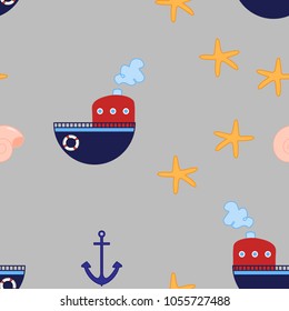 A seamless pattern in the marine style. A ship, a starfish, a whale, an anchor. Funny children's pattern.