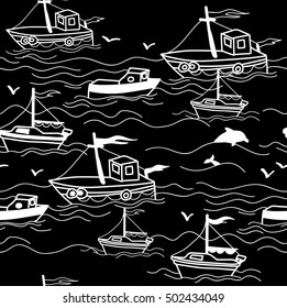 
Seamless pattern in marine style with ships. yachts and boats. Pattern in the Scandinavian style. Drawing by hand. Baby children. Waves and dolphins.