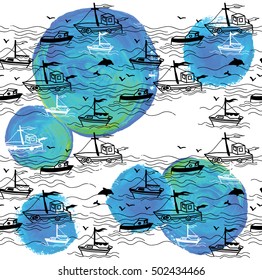 
Seamless pattern in marine style with ships. yachts and boats. Pattern in the Scandinavian style. Drawing by hand. Baby children. Waves and dolphins. Spots of blue paint.