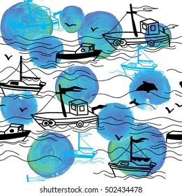 
Seamless pattern in marine style with ships. yachts and boats. Pattern in the Scandinavian style. Drawing by hand. Baby children. Waves and dolphins. Spots of blue paint.