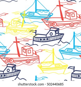 Seamless pattern in marine style with ships. yachts and boats. Pattern in the Scandinavian style. Drawing by hand. Baby children. Waves and dolphins. Spots of blue paint.