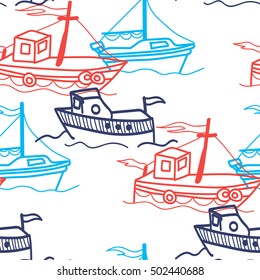 Seamless pattern in marine style with ships. yachts and boats. Pattern in the Scandinavian style. Drawing by hand. Baby children. Waves and dolphins. Spots of blue paint.