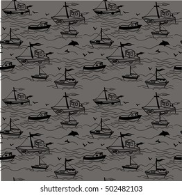 Seamless pattern in marine style with ships. yachts and boats. Pattern in the Scandinavian style. Drawing by hand. Baby children. Waves and dolphins.