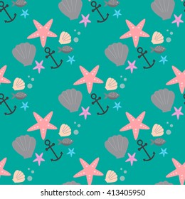 Seamless pattern in marine style with starfishes, anchor and shells