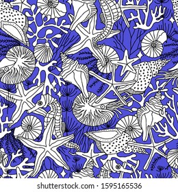 Seamless pattern in marine style. Vector illustration on with underwater inhabitants, shells and algae for printing on wallpaper, packaging, wrapping paper.