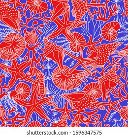 Seamless pattern in marine style. Vector illustration on with underwater inhabitants, shells and algae for printing on wallpaper, packaging, wrapping paper.
