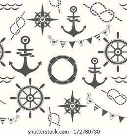 Seamless pattern of marine symbols; anchor, rope, flags, compass and steering wheel. Cartoon marine icons. Kid's elements for scrap-booking. Childish background.