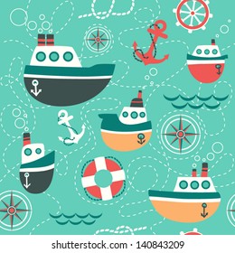 Seamless pattern of marine symbols;  boat, anchor, rope and steering wheel. Cartoon marine icons. Kid's elements for scrap-booking. Childish background. Hand drawn vector illustration.