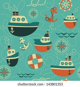 Seamless pattern of marine symbols; boat, anchor, rope and steering wheel. Cartoon marine icons. Kid's elements for scrap-booking. Childish background. Hand drawn vector illustration. 