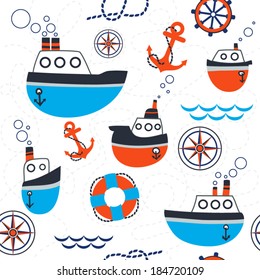 Seamless pattern of marine symbols; boat, anchor, rope and steering wheel. Cartoon marine icons. Kid's elements for scrap-booking. Childish background. Hand drawn vector illustration. 