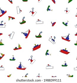 Seamless pattern of marine symbols boat, anchor, rope and steering wheel. Cartoon marine icons. Kid s elements for scrap-booking. Childish background. Hand drawn vector illustration.