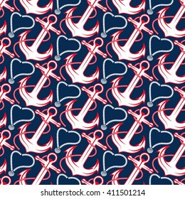 Seamless pattern for marine theme. With anchor,rope and shell. Vector illustration