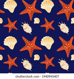 Seamless pattern in the marine theme. Seamless background with starfish and seashells, summer theme. Print, a design element.