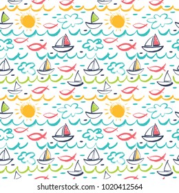  A seamless pattern with a marine theme: ships, fish, sea, waves and the bright sun