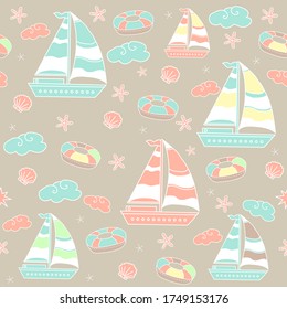 Seamless pattern. Marine theme with ships and clouds on a colored background. Packaging, design, design and printing. Vector seamless pattern. For birthday, anniversary. Vector illustration