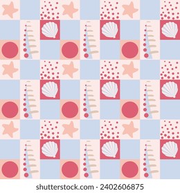 Seamless pattern with marine theme. Vector shells, starfish, coral, summer color scheme, minimalistic style.	
