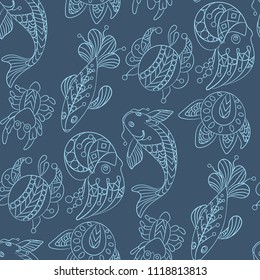 Seamless pattern in marine themes with wild sea animals and fishes in ornamental graphic vector illustration in decorative design
