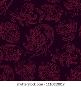Seamless pattern in marine themes with wild sea animals and fishes in ornamental graphic vector illustration in decorative design