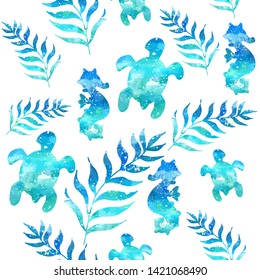 Seamless  pattern with marine tropical leaves and seahorse. Watercolor blue sea background. Isolated elements for easy use.