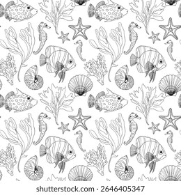 Seamless pattern of a marine, tropical theme. Seahorse, starfish, shells, corals, algae, fishes. Watercolor hand drawn illustration vector. For decoration and design. Summer vibes. Sea bottom Abstract