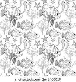 Seamless pattern of a marine, tropical theme. Seahorse, starfish, shells, corals, algae, fishes. Hand drawn illustration vector. For decoration and design. Sea bottom Abstract underwater. Summer vibes