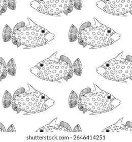 Seamless pattern of a marine, tropical theme animals, fishes. Hand drawn illustration vector. Sea bottom Abstract underwater. Summer vibes. For decoration and design, fabric, wrapping paper, print. 
