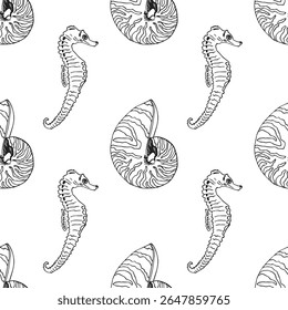 Seamless pattern of a marine, tropical theme. Marine seahorse, nautilus shell. Graphic drawing hand drawn illustration vector. For decoration and design. On background. For fabric, wallpaper, wrapping