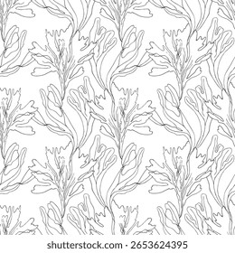 Padrão contínuo de um tema marinho tropical. Algas. Vetor de ilustração desenhado à mão. Para decoração e design. Fundo do mar Abstrato subaquático. Vibrações de verão. Para decoração de impressão, envoltório de tecido