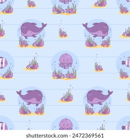 Seamless pattern with marine underwater inhabitants. Cute dolphin, jellyfish and striped tropical fish with seaweed on blue striped background. Vector illustration. Cartoon animal kawaii character