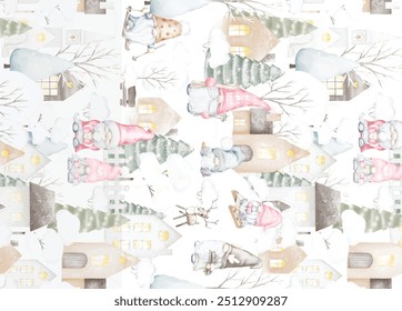 Seamless pattern with marine underwater inhabitants, a lighthouse and a boat. Watercolor illustration on a white background with washes from the SYMPHONY OF THE SEA collection.