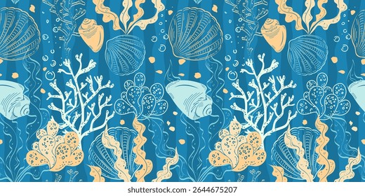 Padrão contínuo do mundo submarino marinho. Conchas, algas, ondas verticais, fundo escuro. Adequado para coberturas, fundos, embalagens, têxteis.