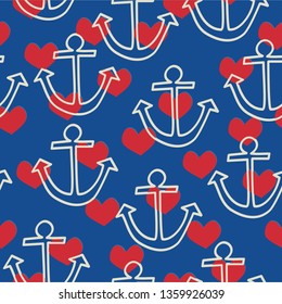 seamless pattern maritime outline anchor and red hearts for home decoration, bedding, fashion, wrapping paper, greeting cards, stationery, wallpaper, tea towels, clothes, swimwear