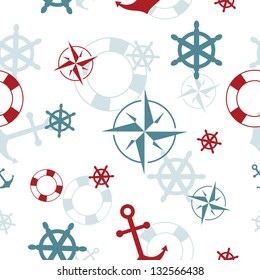 Seamless pattern: maritime symbols - anchor, life buoy, the wind rose, the steering wheel