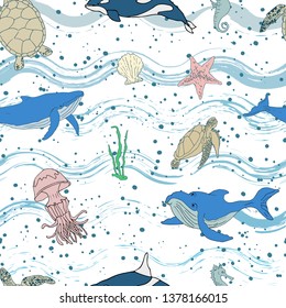 Seamless pattern maritime theme on grunge stripes background. Whales, jellyfish, sea turtle and other elements are painted by hand. Vector illustration.