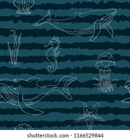 Seamless pattern maritime theme. Whales, jellyfish, sea turtle and other elements are painted by hand. Vector illustration.