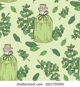 Seamless pattern with marjoram and bottle of marjoram essential oil. Cosmetic, perfumery and medical plant. Vector hand drawn illustration.
