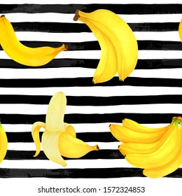 seamless pattern markers painting bananas on black and white watercolor stripes background. design for holiday greeting card and invitation of summer holidays, fruit fresh juice and bananas dessert