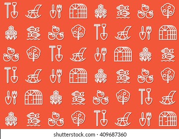 Seamless pattern of market icons for garden store. As example for paper for wrapping goods or use as wallpaper decoration. White signs on red background.